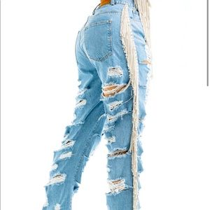 Nichole Lynel The Label Crystal Fringe Distressed Jeans